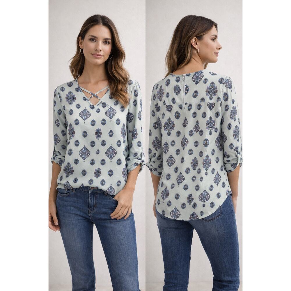 Pink Republic Boho Medallion Print Blouse Women’s Long Sleeve Large V-Neck Top